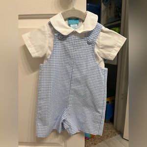 Claire and Charlie blue gingham onesie 9 months
